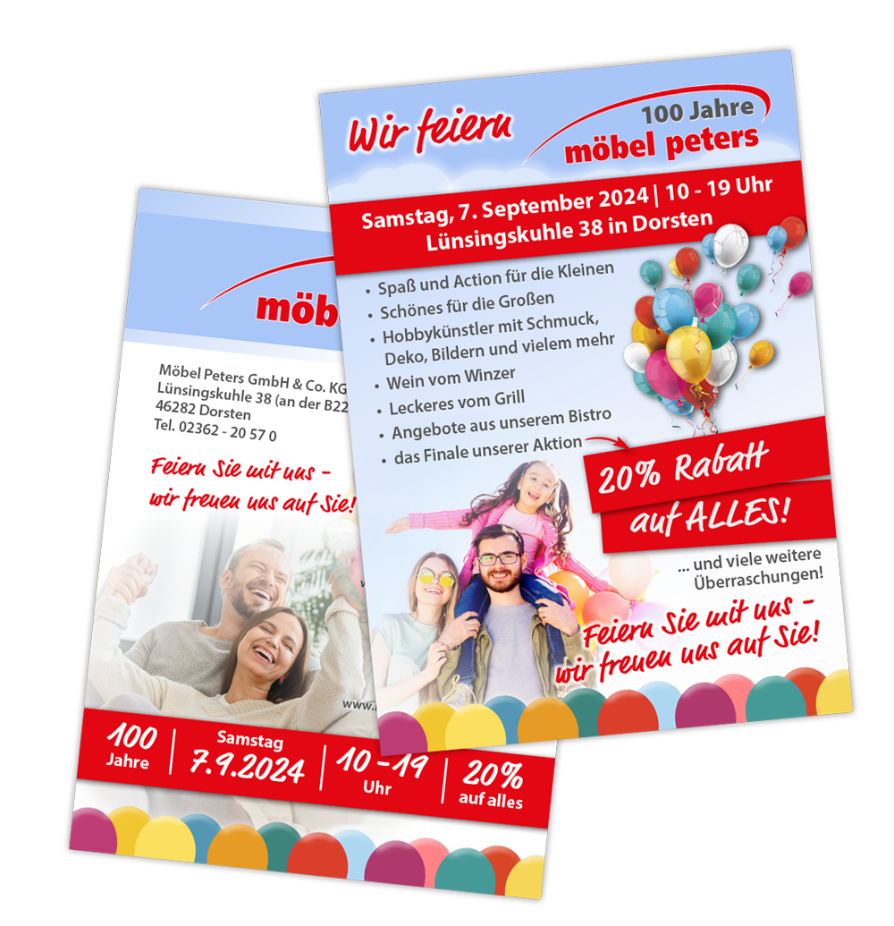 Flyer 100 JAhre Möbel Peters Jubiläumsfeier in Dorsten