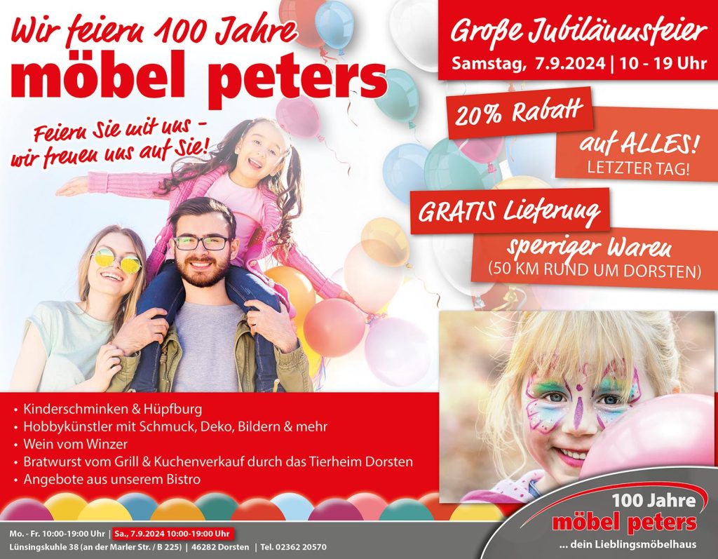 100 JAhre Möbel Peters - die große Jubiläumsfeier mit Angeboten Aktionen und mehr in Dorsten